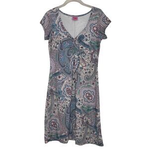 Tiki Brooklyn New York Y2k Blue Paisley V Neck Short Sleeve Dress Sz Small
